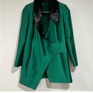 RUBIN SINGER Emerald Silk Faille Tuxedo Mini Coat Dress 46 Sequin Lapel